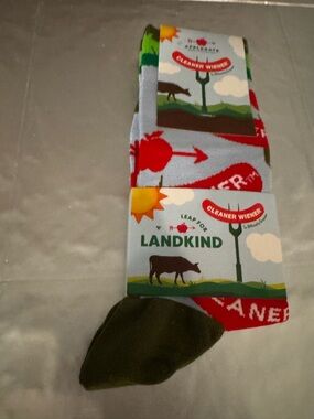 Landkind Novelty Crew Socks “CLEANER WEINER” Blue Red & Olive Applegate Farms